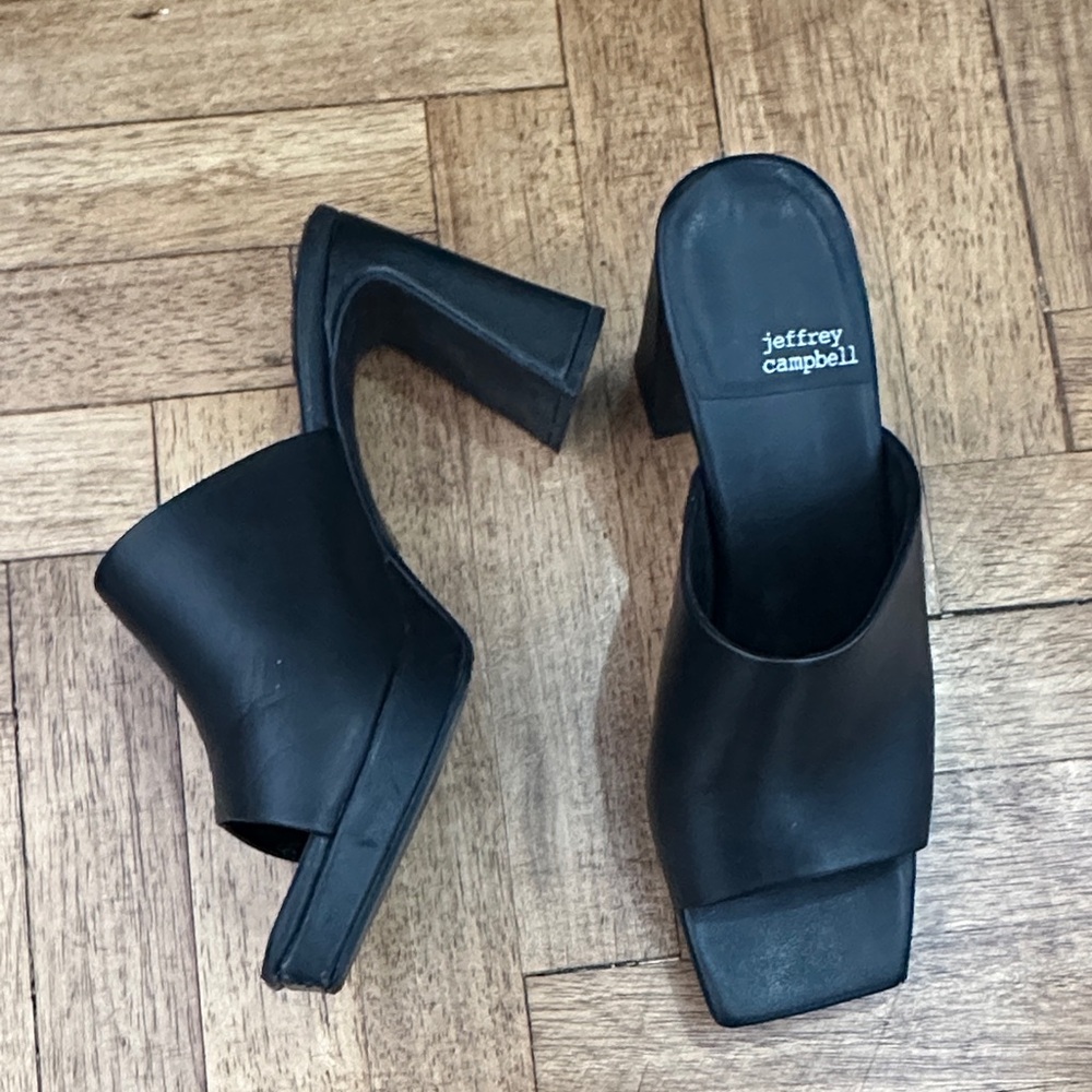 Jeffrey Campbell Black Leather Block Heel Mules
